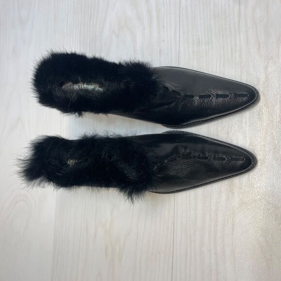 Pelle Moda Black Pointy Toe Heels Pointed Toe Fur Trim y2K Womens Size 8M - Picture 6 of 10